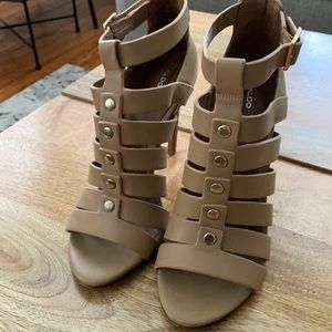 Tan Aldo open toe heels